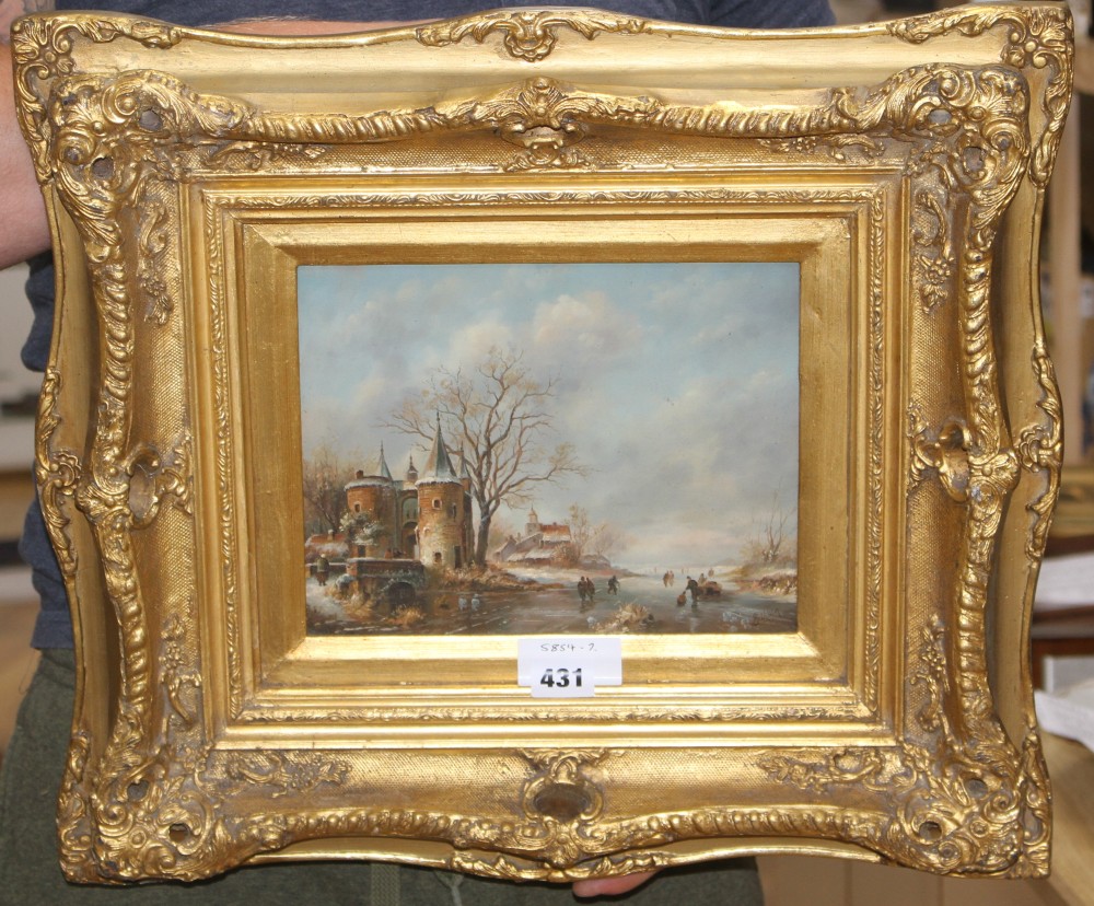 Modern 17th century Dutch style, oil on panel, Winter scene, 19 x 24cm, ornate gilt frame
